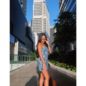 Wild Fable Strapless Patchwork Denim Mini Dress Size M | Zip Back | Raw Hem Y2K